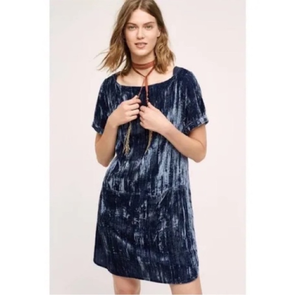Floreat for Anthropologie NWT Sz Sm Blue Crushed Velvet Short Sleeve Dress $128